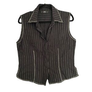 OPPIO Vintage Linen Sleeveless Button Front Pinstripe Blouse Black White Tan XL
